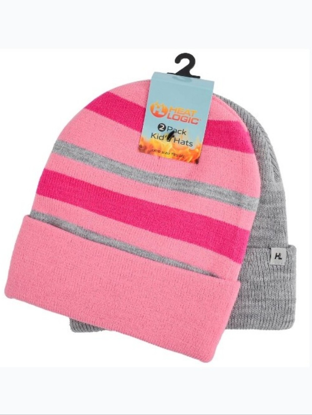 #HL05 Heat Logic Kids Pink & Grey Striped Knit Hat 2-Pack